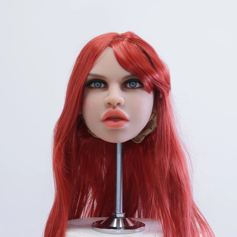 Realistic TPE Doll Head with Heat Resistant Hair Doll Part Accessories, Lifelike Head for Dolls Snap or M16 Studs Fixed Red Wigs