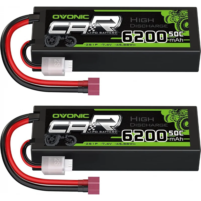 OVONIC 2S Lipo Battery 50C 6200mAh 7.4V Lipo Battery with Dean-Style T Connector for 1/8 1/10 RC Car Truck Boat Vehicles(2 Packs