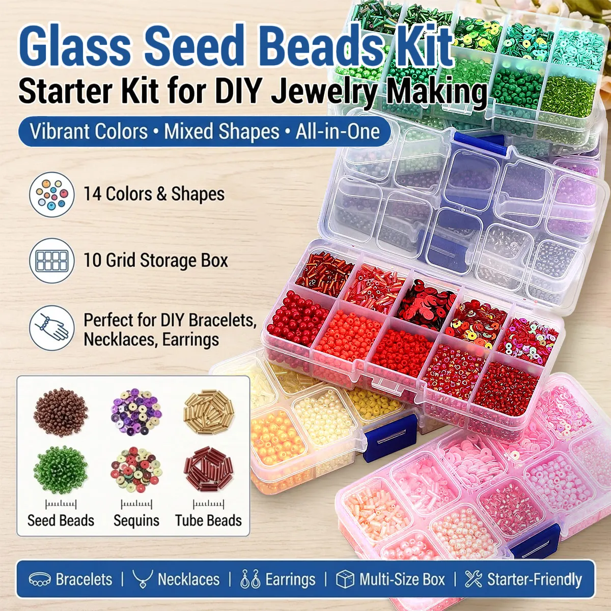 Glass Seed Beads Kit Sequins Tube Beads 10 Grid Box 14 Colors Starter Kit for DIY Bracelets Necklaces Earrings Jewelry Making