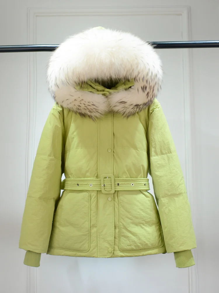 Imagem -03 - com Capuz de Pele de Inverno para Mulheres Grande Puffer Jaqueta Feminina Quente à Prova Dparágua Parka 90 Pato Branco para Baixo Cabolsa com Cinto Natural 2023