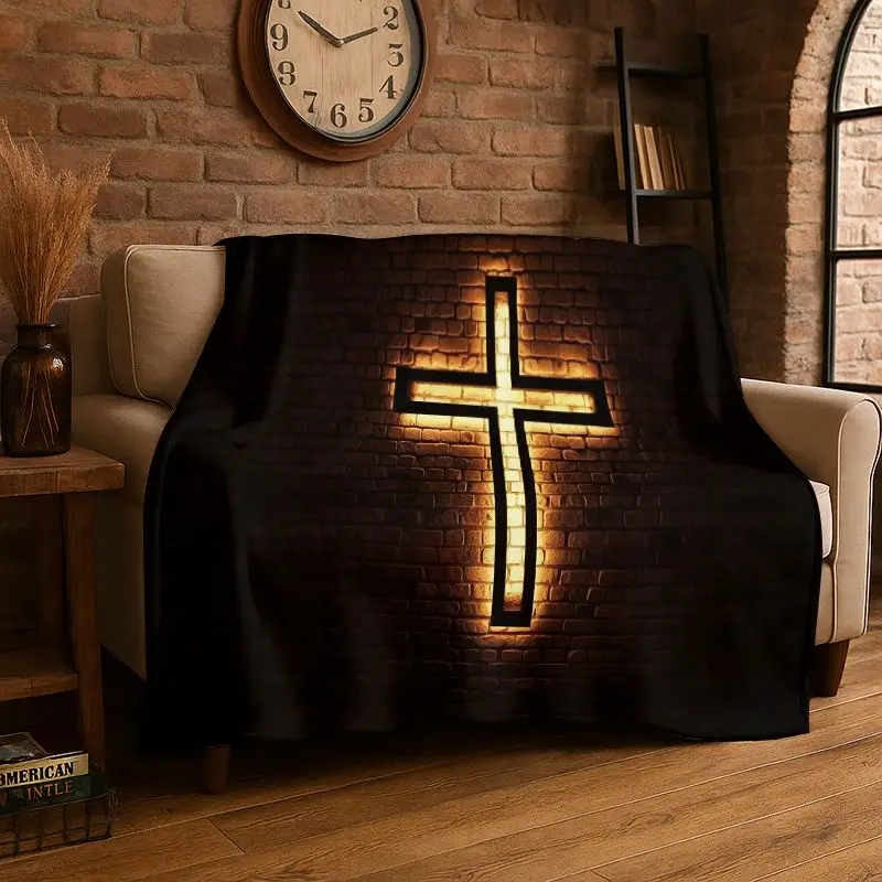 Classic Cross Bible Christian Faith Retro Flannel Blanket Soft Throw Blanket for Bedroom Living Room Bed Picnic Nap Cover Gift