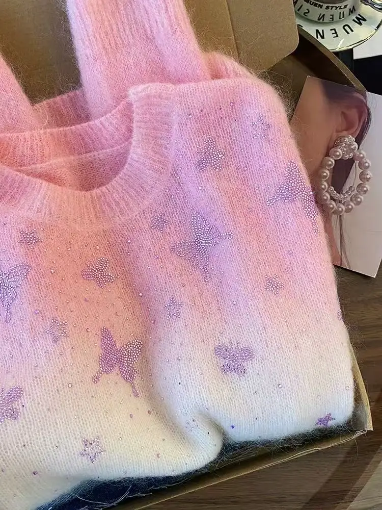 سترة وردية متدرجة للنساء سترات خريف وشتاء موضة جديدة رقبة مستديرة تريكو علوية بأكمام طويلة بلوفرات محبوكة #5