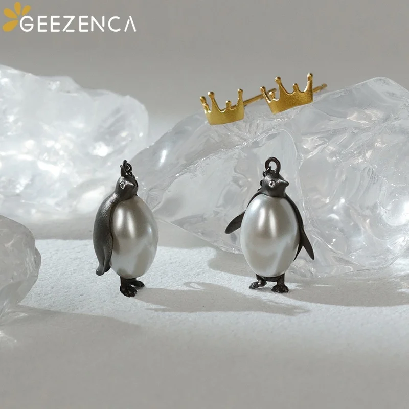 925 Sterling Silver Pearl Emperor Penguin Dangle Earrings