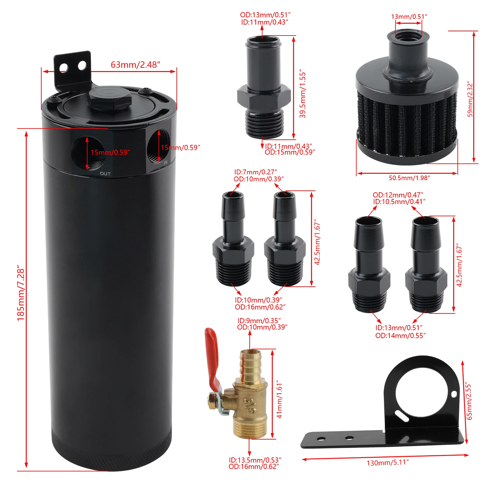 Black 750ML Oil Catch Can Kit,Universal 2-port Baffled Oil Catch Can Reservoir Tank with Breather Filter and Drain Valve