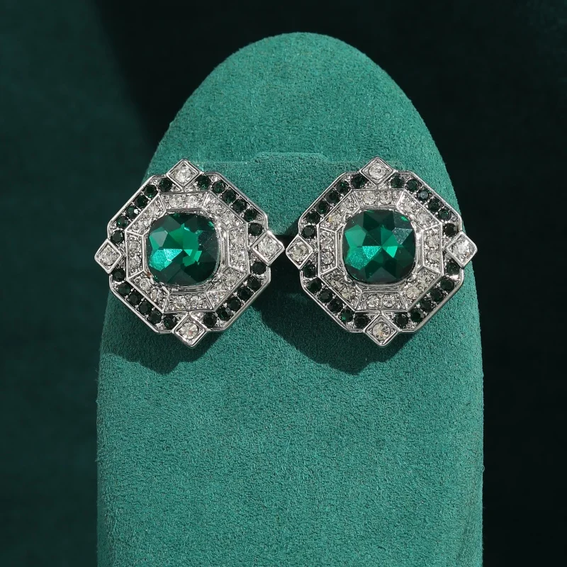 

Vintage Square Emerald Crystal Earrings Wedding Stud For Woman Rhinestone Party Luxury Jewelry Designers Brand Accessories