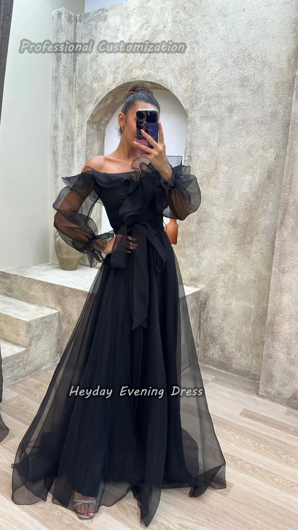 Heyday السعودية Off-the-shoulder Tulle Party Sexy A-Line Long Sleeves Ruffle Floor Length Elegant Dress For luxurious Woman 2024