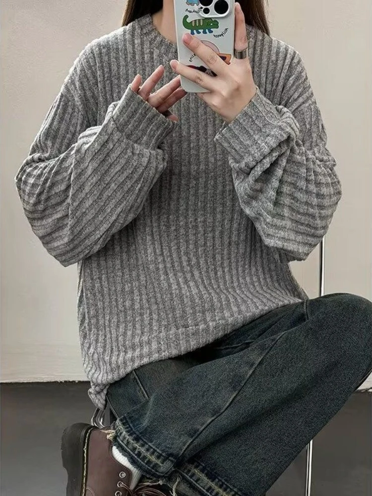 

Матовая полосатая футболка с длинными рукавами для женщин, осень-зима 2022, мешковатая однотонная футболка, женские уличные топы большого размера ZT315