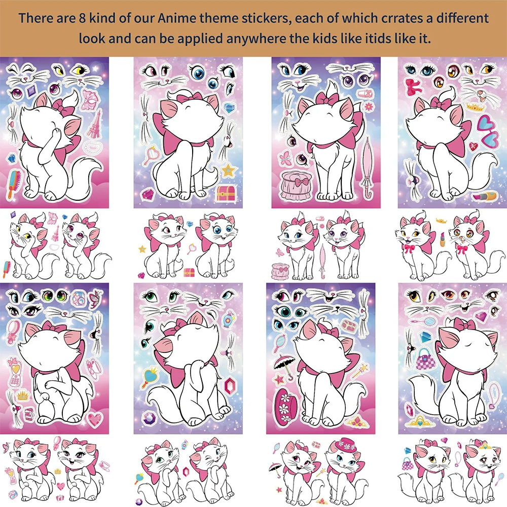 8/16sheets Disney The Aristocats Marie Cat Puzzle Stickers Make A Face Children DIY Assemble Jigsaw Decals Cute Kids Sticker Toy