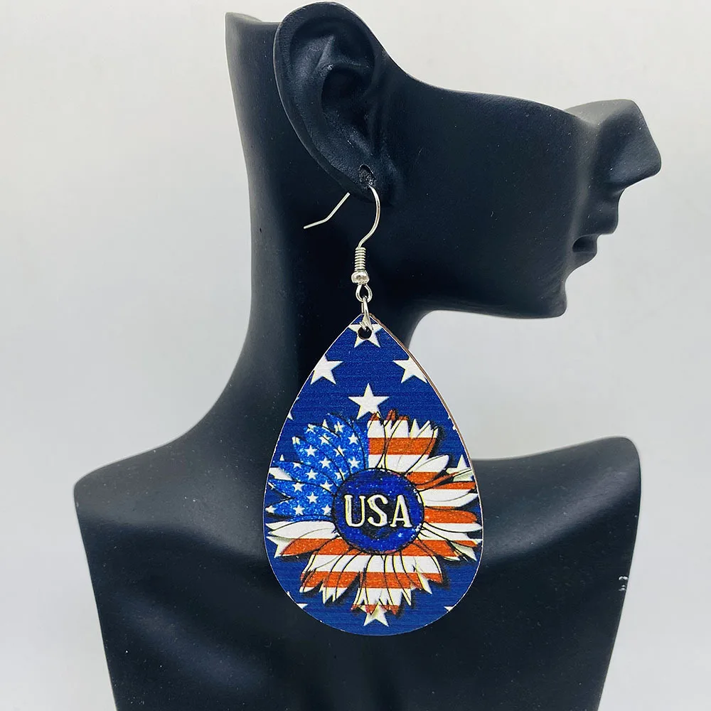 New Independence Day Earrings Sunflower American Flag Wood Earrings for Women Girls 4th of July Patriotic Jewelry