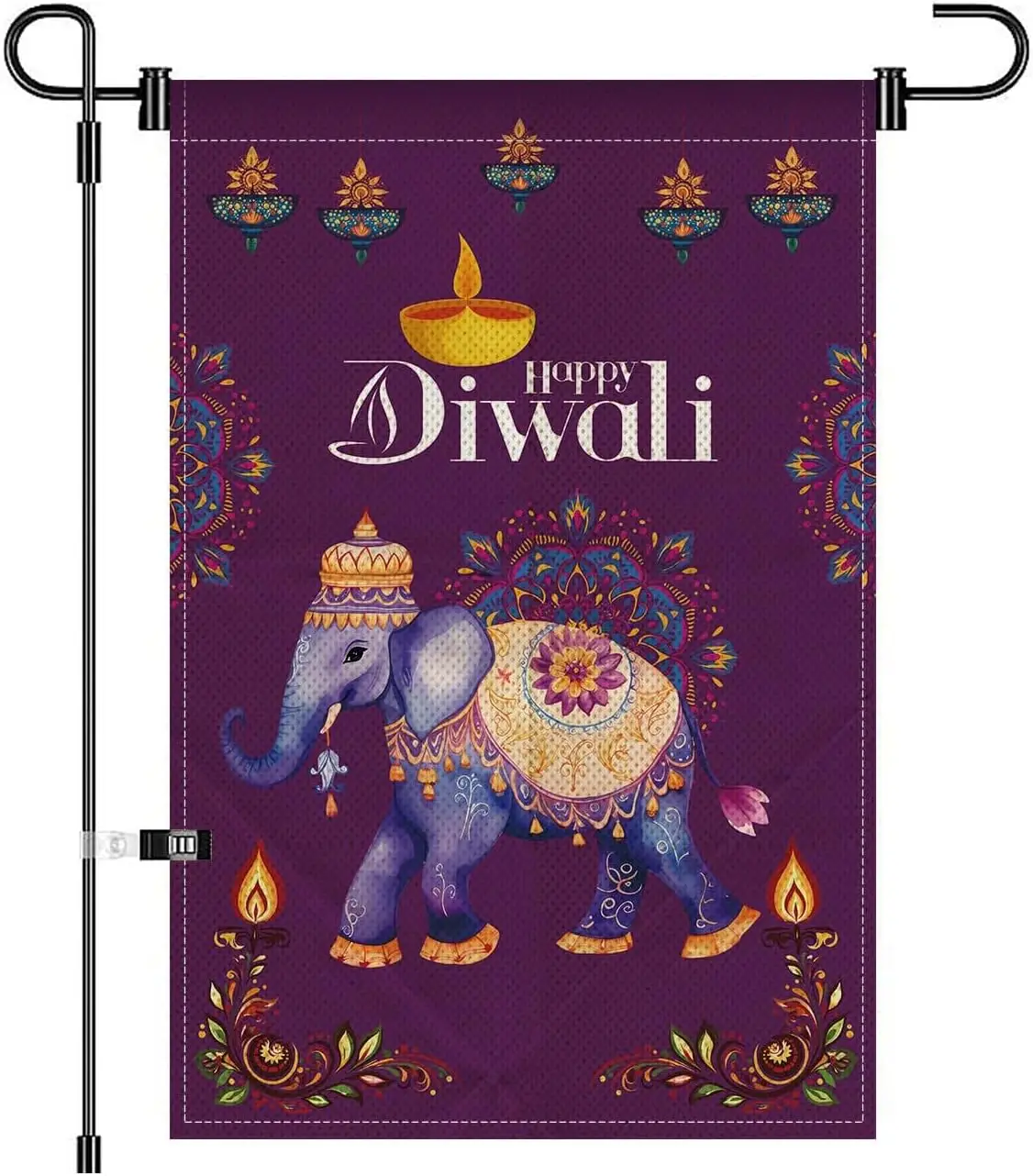 Happy Diwali Garden Flag Purple Decorative Elephant Design Lotus Flower Oil Lamp Banner for Indian Diwali Outdoor Garden Yar EEZ