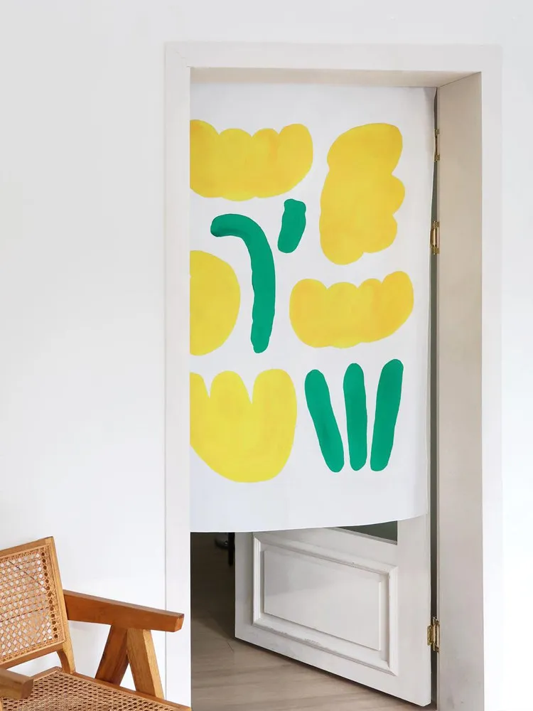 Yellow Small Flower Green Leaves Pattern Curtain No Punching Magic Tape Adhesive Bedroom Bay Window Semi Blackout Cloth