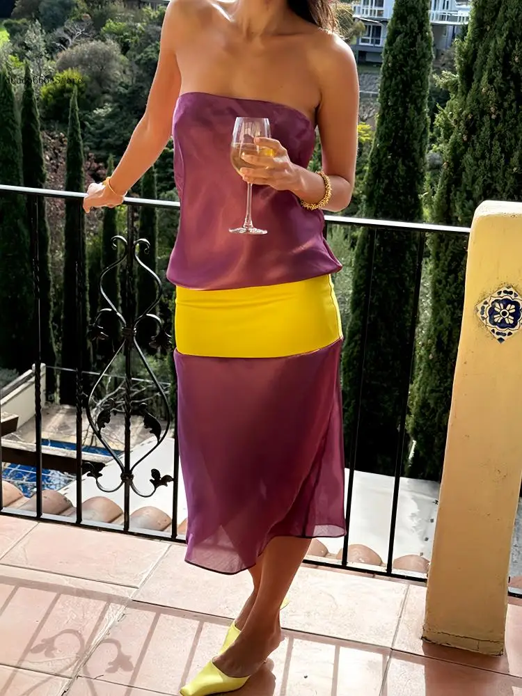 Casual Party Streetwear Women's Satin Strapless Tube Maxi Dress Contrast Color Patchwork Sleeveless Fit Long Dress