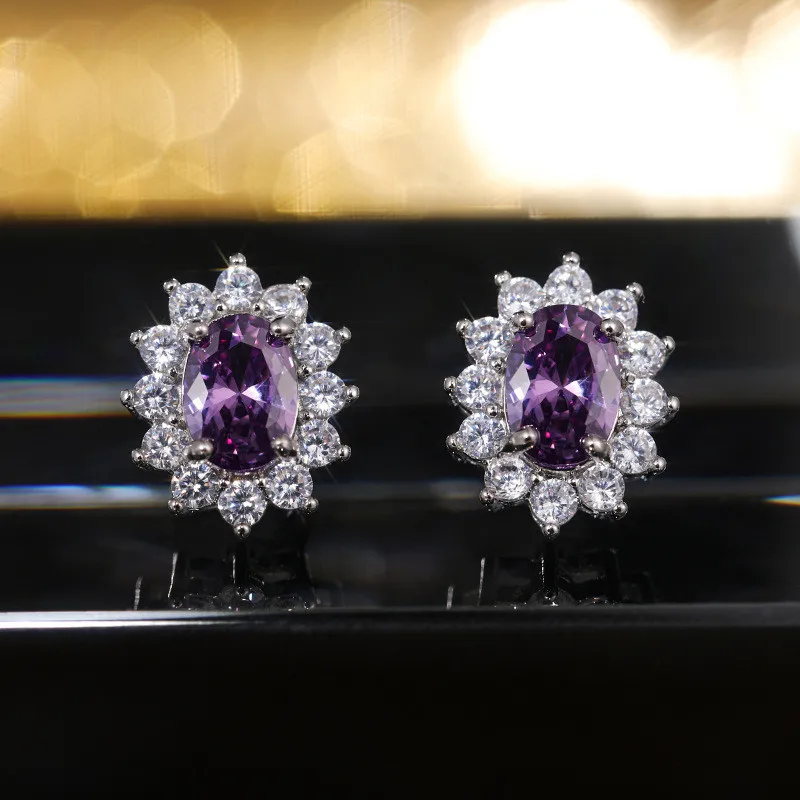 925 فضة موضة عباد الشمس شكل وأقراط النساء الرائعة البيضاوي مكعب زركونيا الفاخرة الإناث مجوهرات الحفلات هدايا