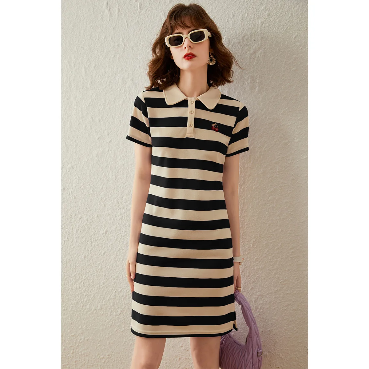 LOUIS YAO Women Dress Polo Neck Striped New Arrival for Summer 2024 Short Sleeve Slim Casual Short Dress for Women