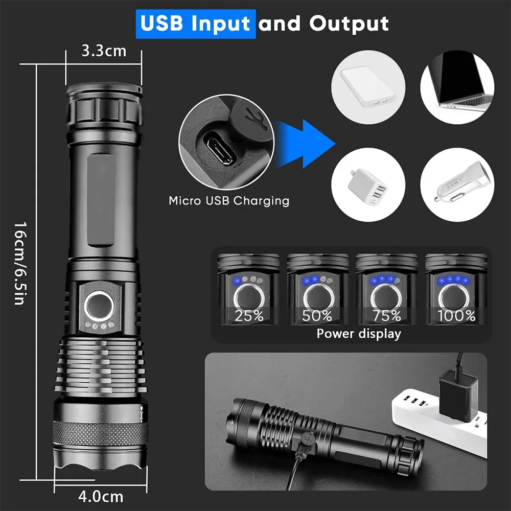 Strong LED Flashlight USB Rechargeable Powerful Tactical Torch Lamp Super Long Range Flash Light Outdoor Fishing