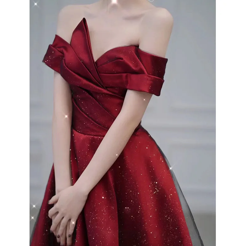 Satin Toast Dress Bride Wedding Burgundy Slash Neck Long Dress Bling Pearl Mesh Yarn Off Shoulder Ball Gown Dresses Vestidos