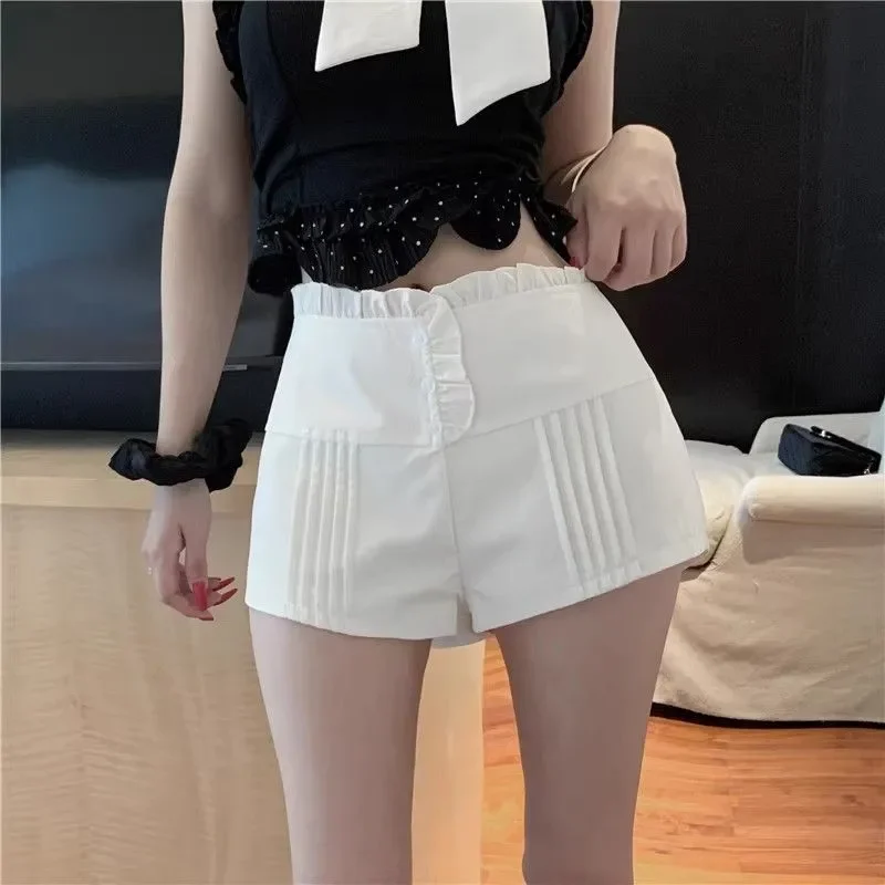 

Basic White Solid Color Loose Casual Shorts Summer Mid Waist Female Clothing A-Line Wide Leg Chic Folds Ruffles Spliced Shorts