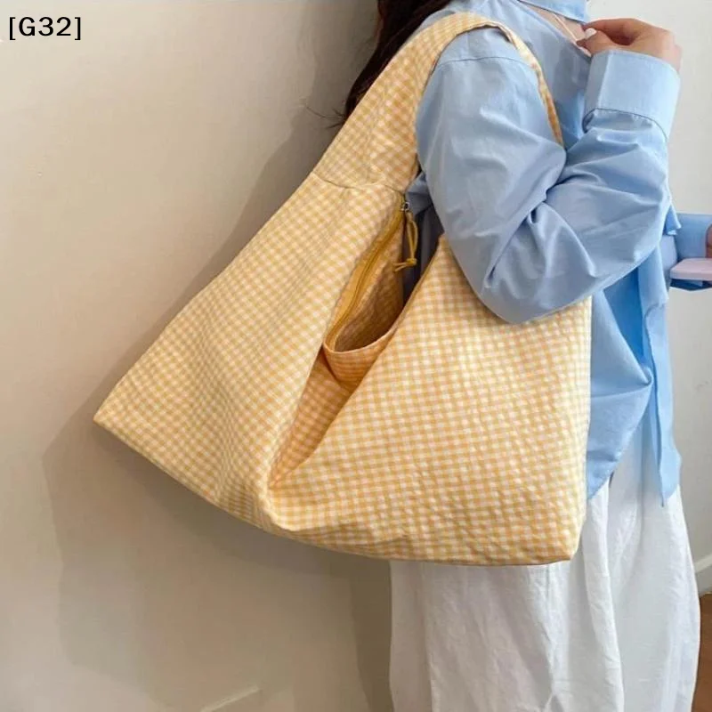Yellow Gingham Canvas Hobo Tote Bag Large Capacity Zip Closure For Daily Shopping Travel School【G32】