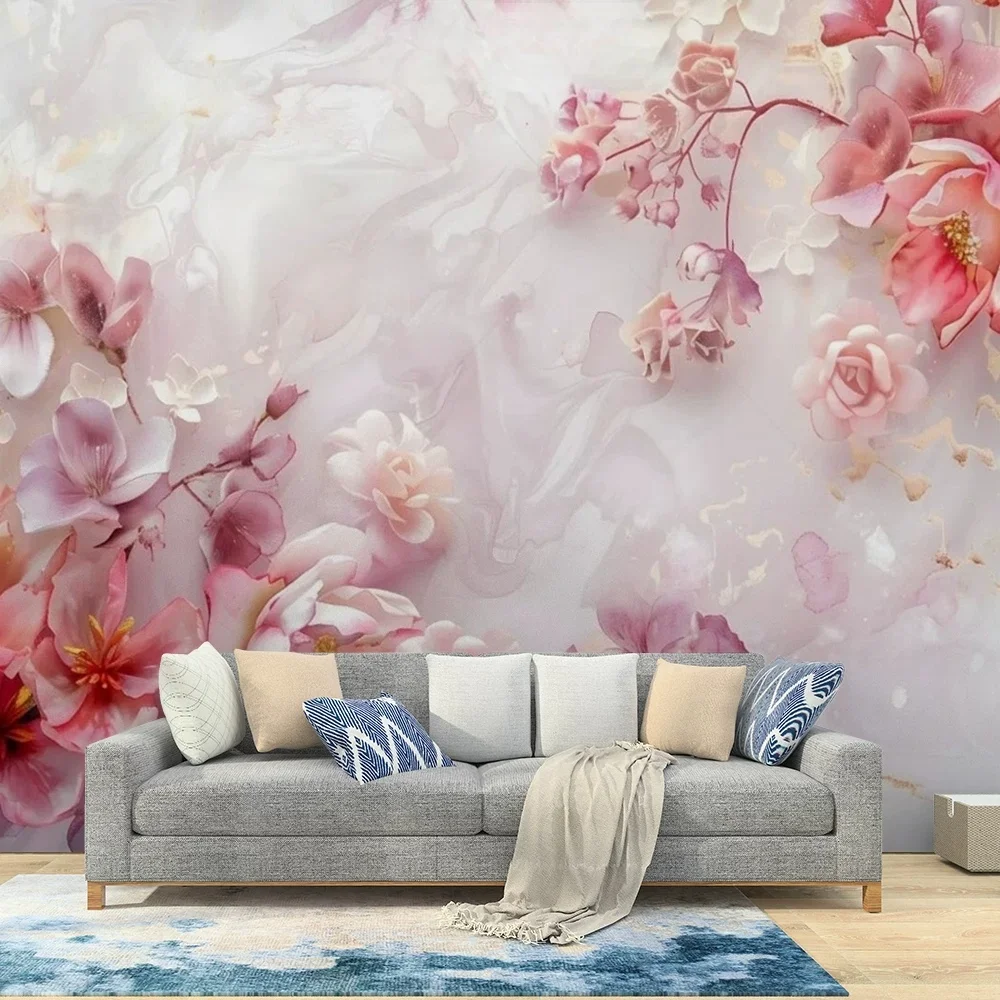 Customized Pink Marble Rose Peony Mural Stereoscopic Floral Flower Wallpaper Living Room Bedroom TV Background Wall Decor