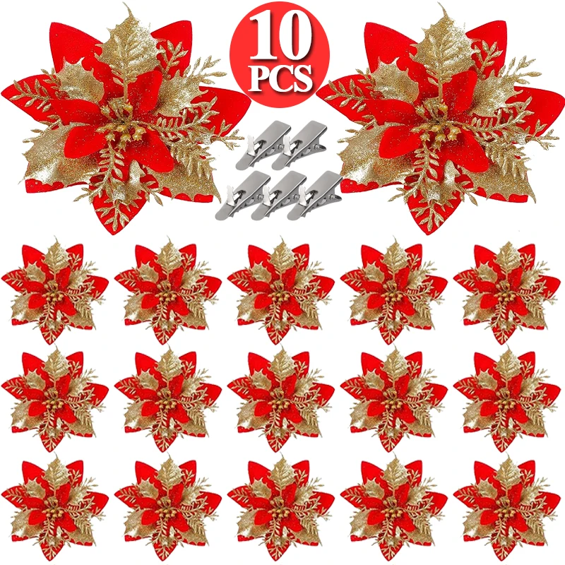 Christmas Artificial Flowers Gold Red Glitter Poinsettia with Clips Xmas Tree Ornaments DIY Wreath Wedding New Year Decorations