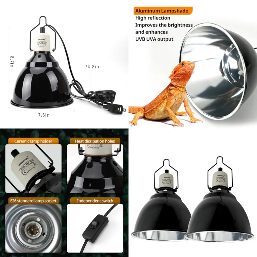 Reptile Light Fixture 2 Pack 7.5Inch Deep Dome Lamp Fixture, Optical Reflection Reptile Heat Lamp Bulb Lampshade for Bearded Dr
