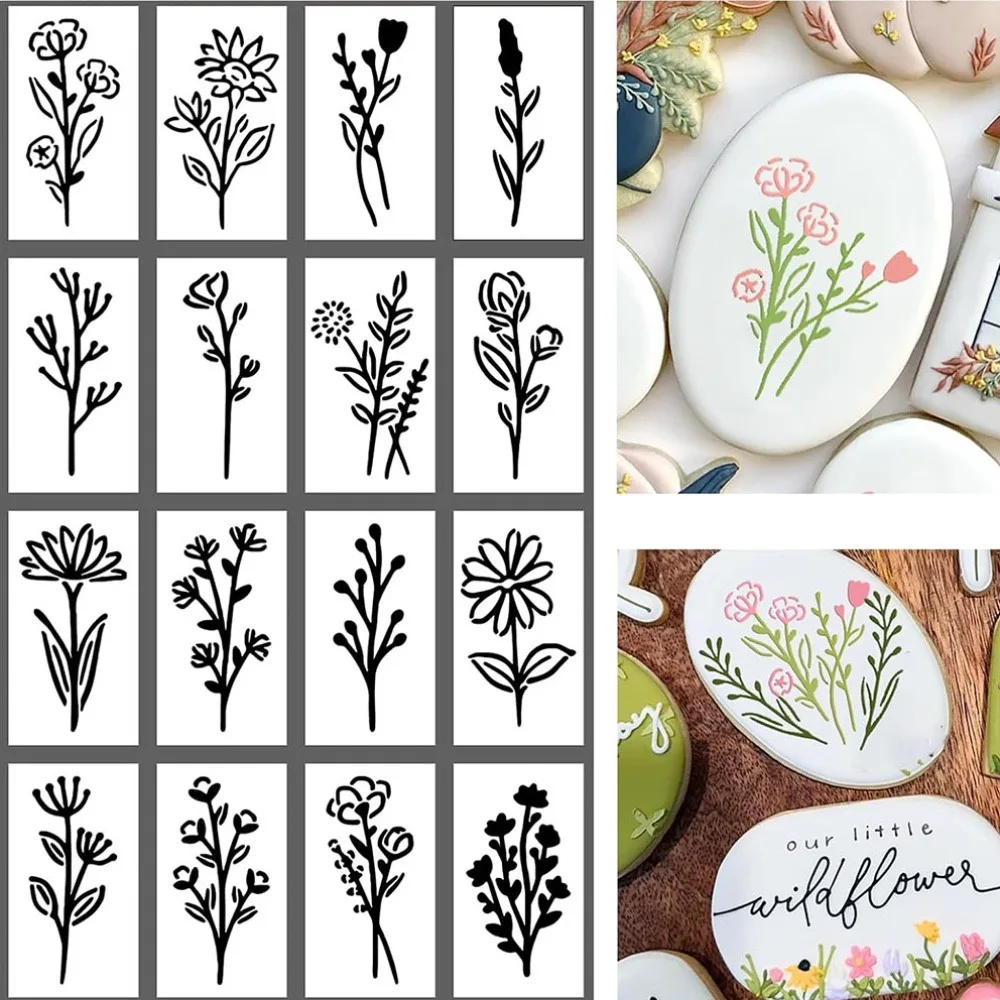 16Pcs Floral Plant Cake Stencil Template, Food Grade PET Reusable Baking Decor Mold for Fondant Sugarcraft & DIY Painting Craft