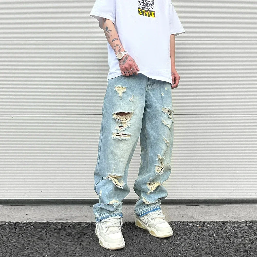 Gewassen Blauwe Oversized Gescheurde Jeans Voor Heren Streetwear Hiphop Grote Vernielde Wijde Pijpen Baggy Rechte Gescheurde Spijkerbroek