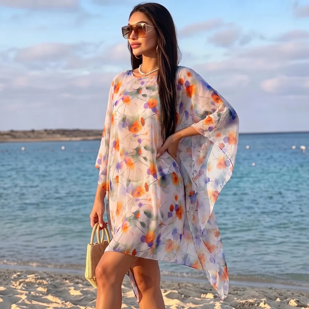 Lightweight Sheer Chiffon Caftan Ladies Color Block Geometric Print Flowy Loose Kimono Cover Up Summer Casual Swim Outerwear