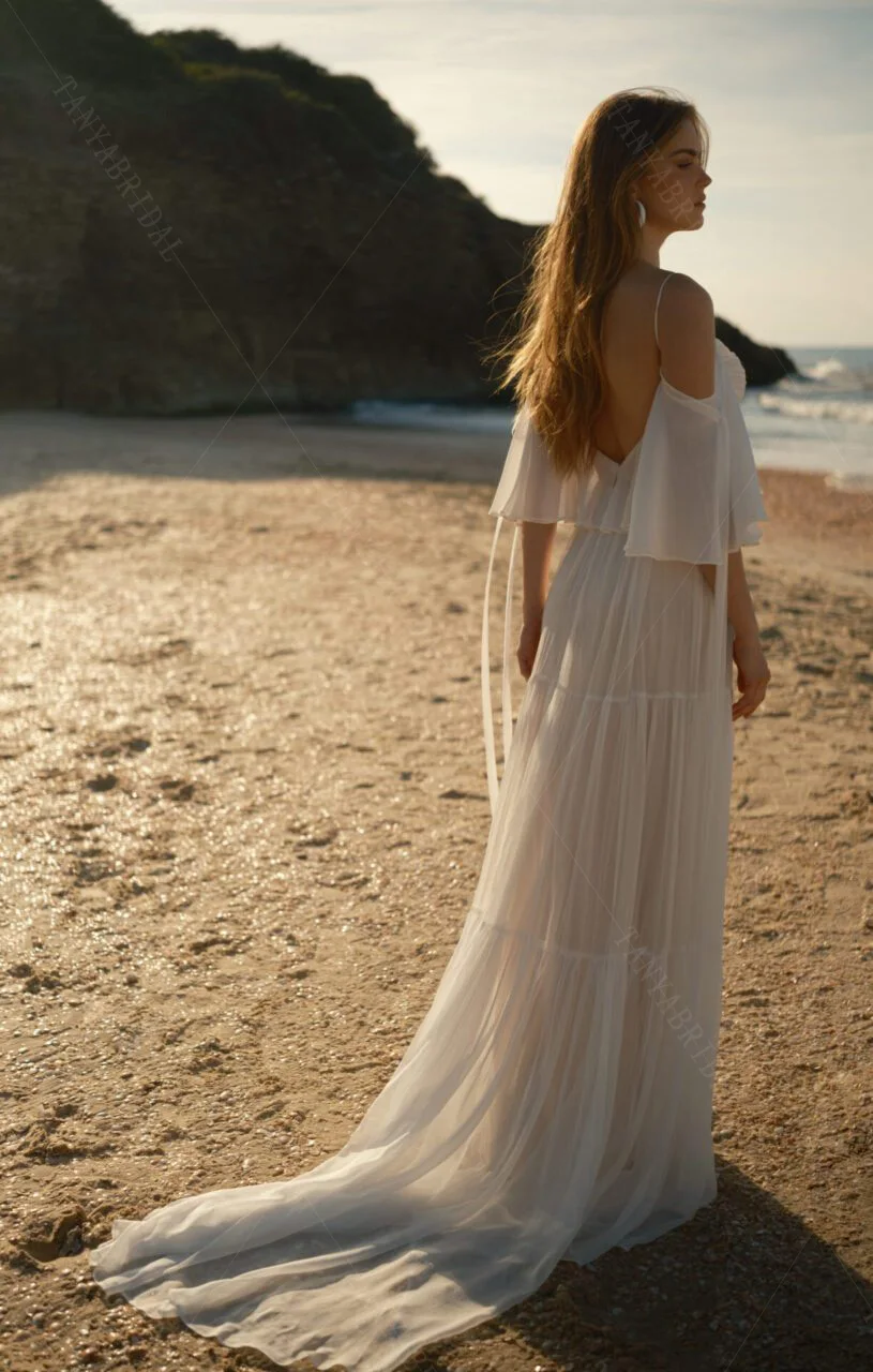 Schatz-Chiffon-Brautkleid in A-Linie, schulterfrei, einfache Braut-Strandkleider, Rüschenröcke DW1036