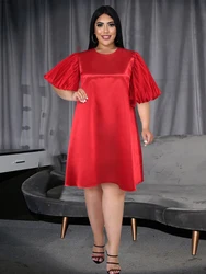 ONTINVA Plus Size Loose Dresses for Ladies O Neck Red Puff Sleeve Knee Length Oversized 3XL 4XL Casual Daily Party Gowns Dress