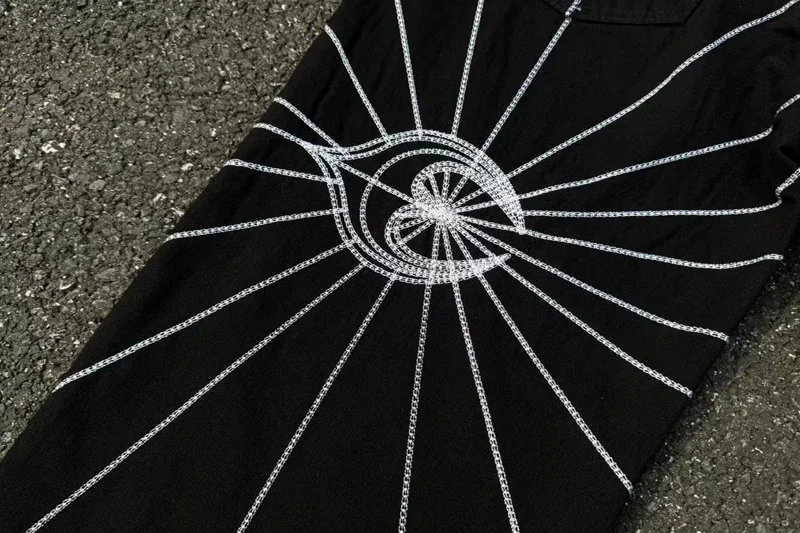 التطريز شبكة العنكبوت نمط الأسود البلطجة نادي الجينز الرجال النساء جودة عالية مستقيم فضفاض صالح واسعة الساق الدنيم السراويل داخل العلامة #4