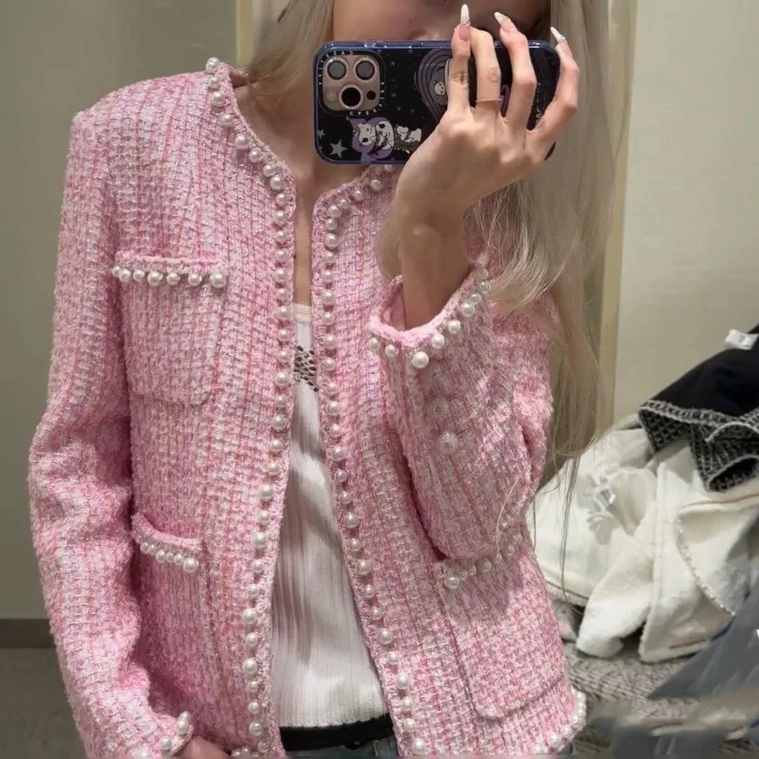 

Pure Handmade Stitching 100% Silk Liner Luxury Pink Plaid Woven Vintage Tweed Coat Women Pearls Pockets Long Sleeve Sweet Jacket