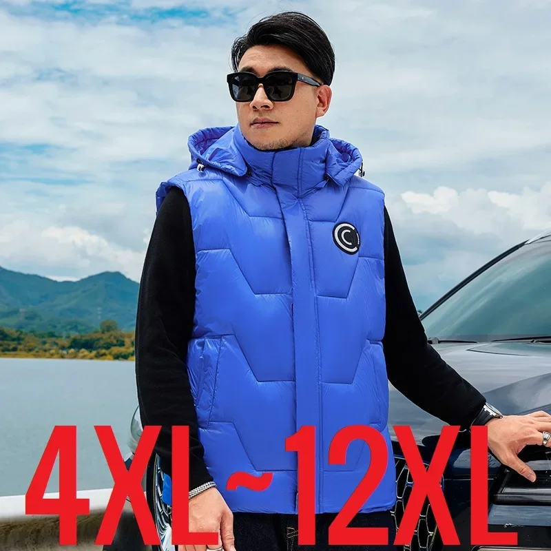 2024 New in Men Padded Vest Winter Hooded Zip-up Sleeveless Jacket Male Autumn Warm Blue Golf Wear Waistcoat Big Plus Size 12XL