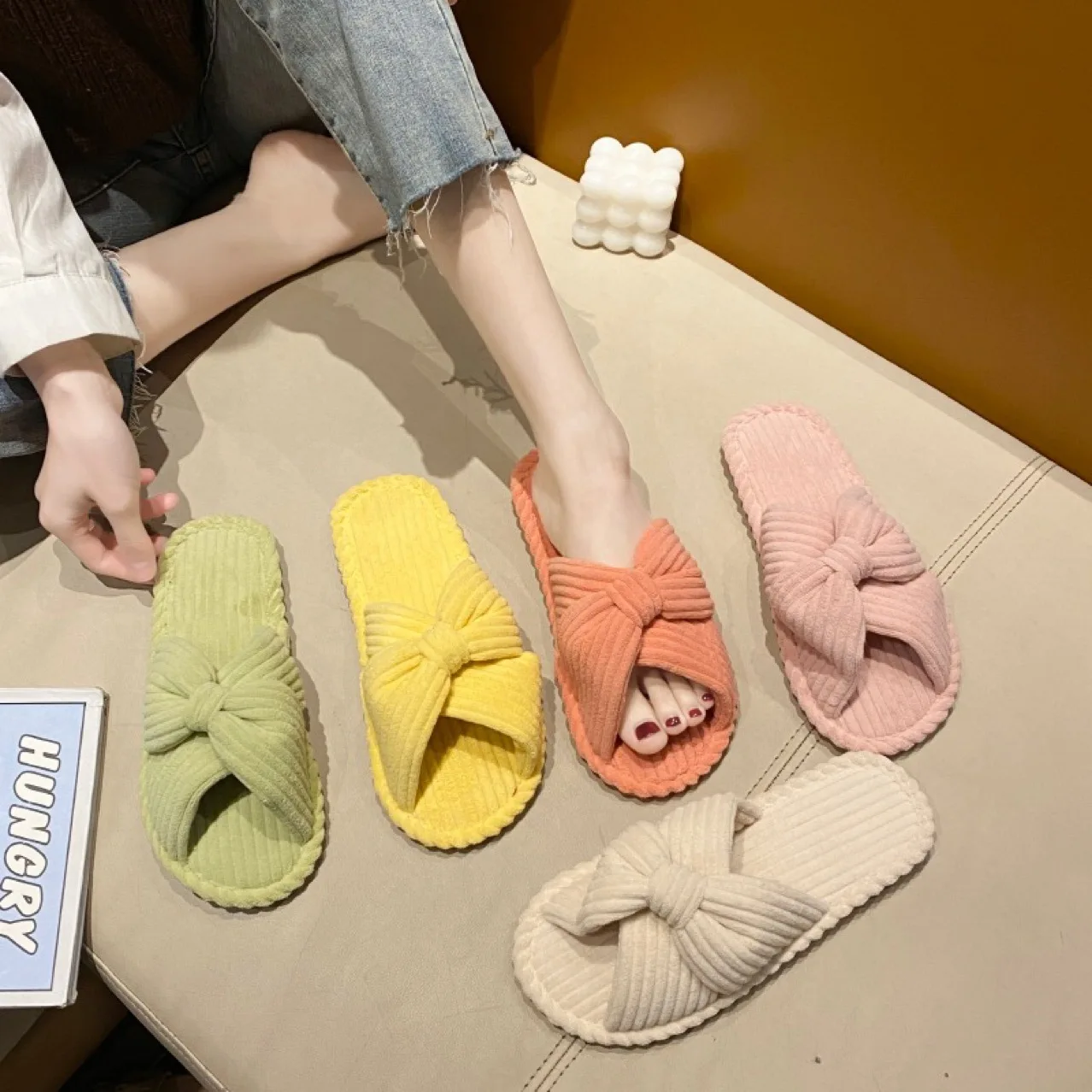 New Cute Bow Slippers Women Cotton Linen Flip Flops Adults Spring Autumn Home Sandals Indoor Outdoor Non-slip Bedroom Slides