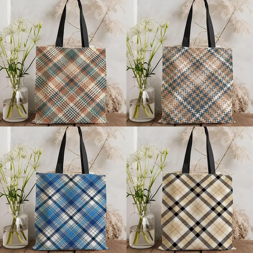 

Модная сумка-тоут из холщовой ткани с двусторонним принтом в клетку и полоску, большая вместительная женская сумка через плечо