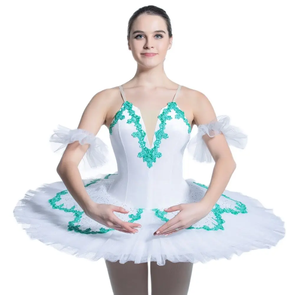 BLL063 New Arrival Pre-professional Ballet Tutu Girls & Women Ballet Costume White Pancake Tutu with Green Trim Performance Tutu