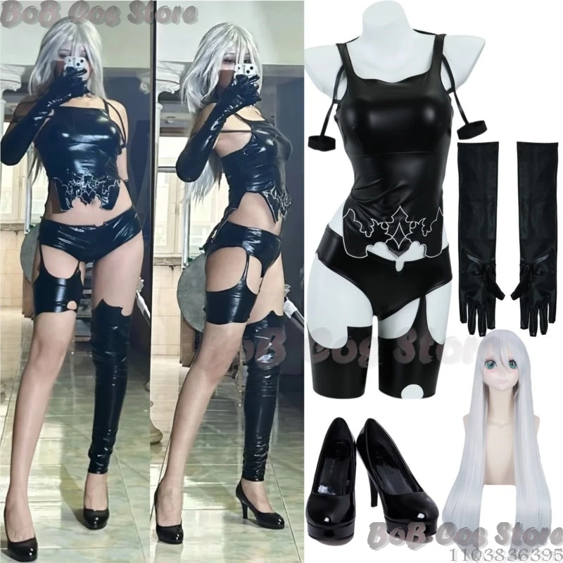 Cyborg YoRHa Type A No.2 Cosplay Game Autoomata Costume Prop 100CM White Wig Black Sexy Uniform Shoes Women Party Suit Comic Con