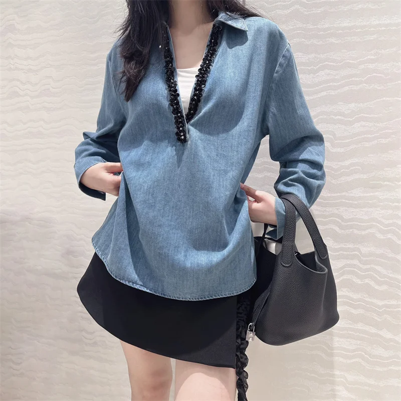 

Women shirts 2024 Summer New in outerwears Retro Washed Pure Cotton Long sleeved Top Women's Blouse with handmade sequin beading