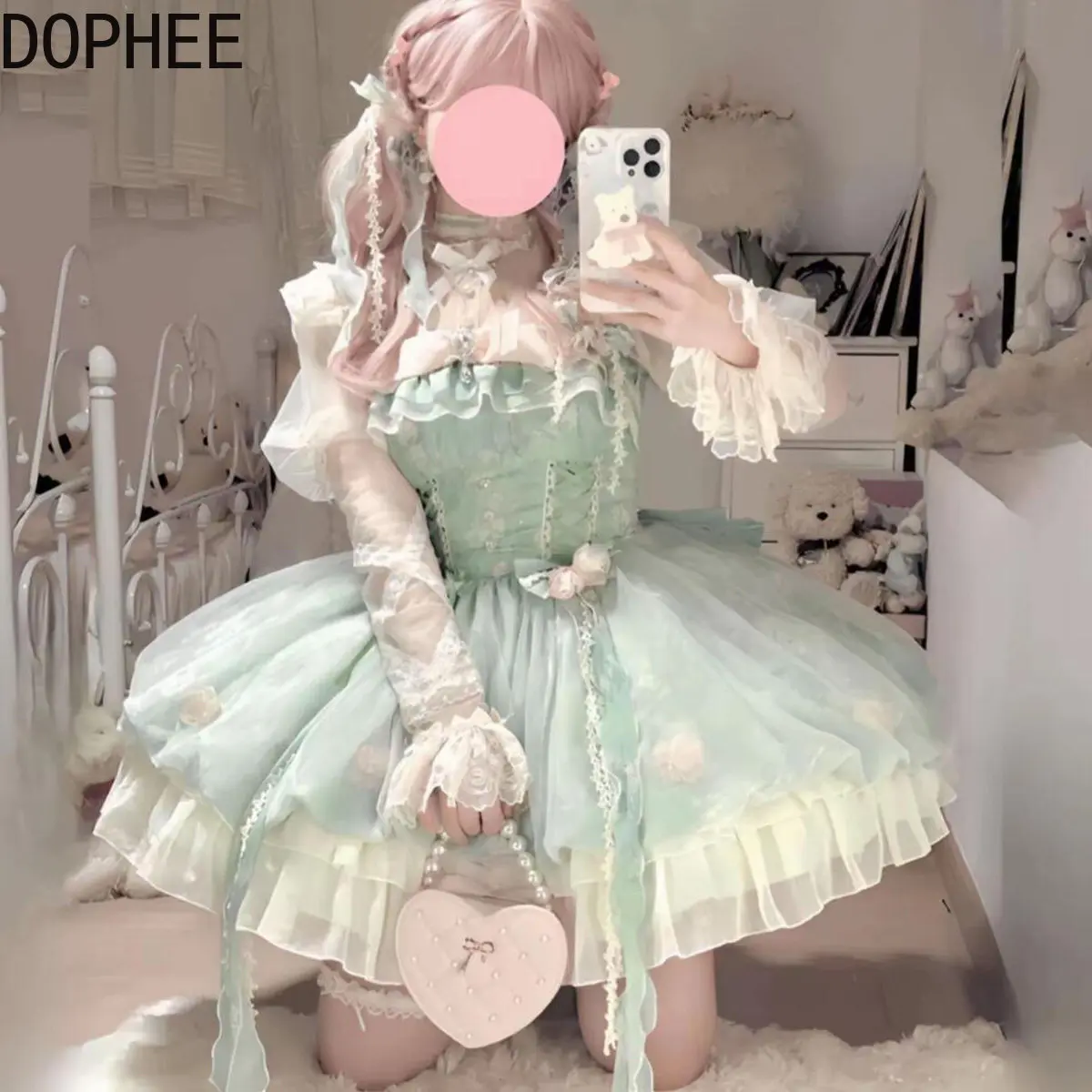Original Spring Summer Lolita Little Fresh Dress Sweet Bud Dress Elegant Lace Bow Sleeveless Strap Green Trailing Princess Dress