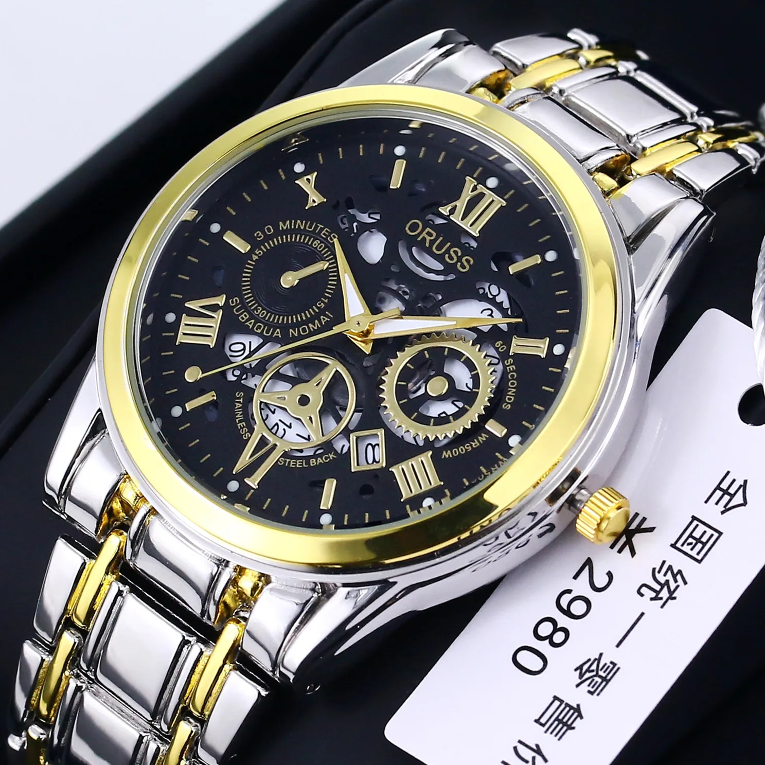 

ORUSS Роскошные деловые мужские кварцевые часы с календарем и полым циферблатом, водонепроницаемый ремешок из нержавеющей стали, высококачественные мужские часы