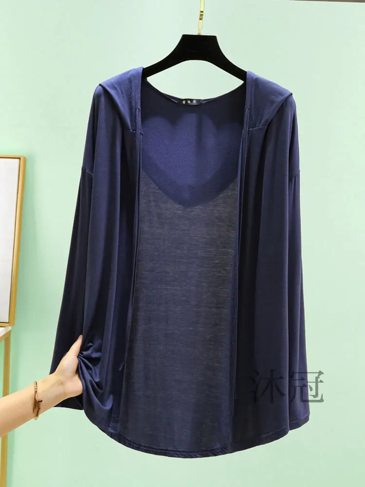 Kardigan Panjang Wanita Berkerudung Model Terbuka Bahan Modal Musim Panas Longgar Ukuran Besar Pelindung Sinar Matahari Pendingin Udara Panjang Sedang...