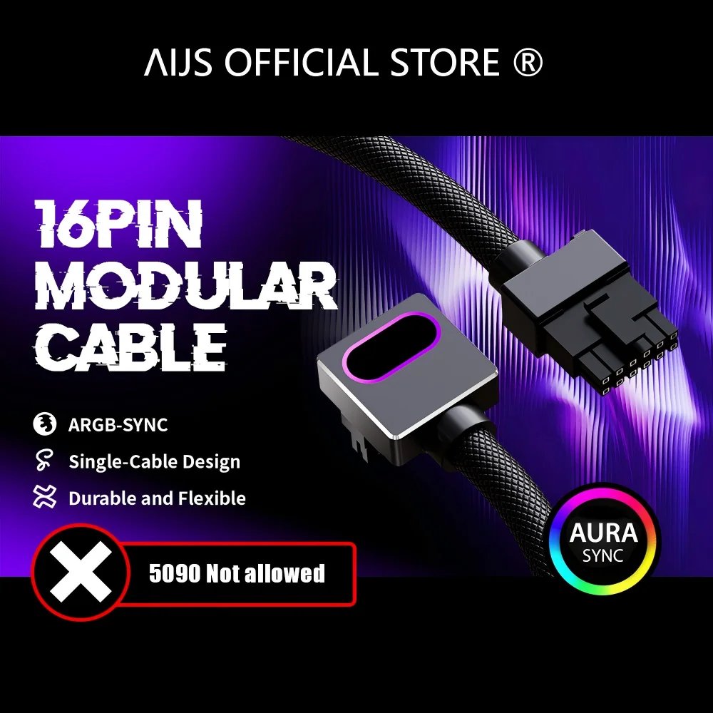 AIJS GPU16PIN Modular Cable,12VHPWR ARGB with 5V 3Pin,18AWG 90° Right-Angle Male to Male Design, 5090 / 3070 Is Not Applicable