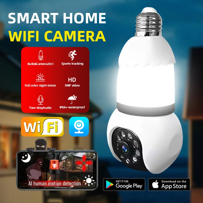 4K WIFI Wireless Monitor Camera Surveilance with LED Bulb Smart AI Tracking Two-way Audio HD Night Vision Full Colour Camera