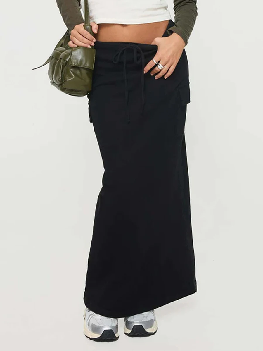 

Summer Women's Sexy Elastic Low Waist Casual A-Line Long Skirts Fashion Ladies Cargo Solid Drawstring Split Skirt with Pockets