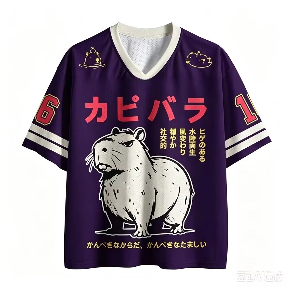 Capybara Japanese Text Graphic Mesh Jersey V Neck Short Sleeve Loose Unisex Y2K Streetwear Hip Hop Sports Tee For Men Women