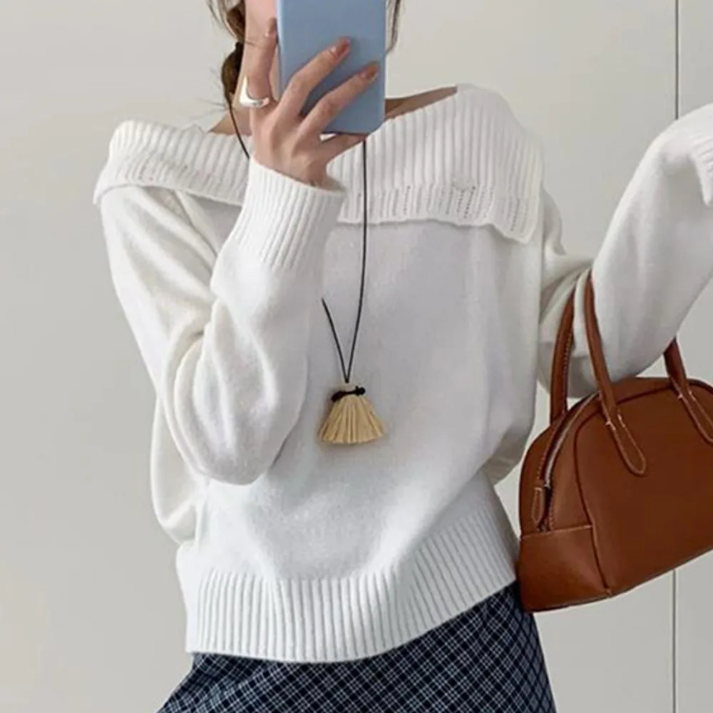 

Chic Autumn Winter One-oulder Long Sve Knitted Sweater Hollow out Lazy Knitwear Comfortable Slimming Design Korean Sle