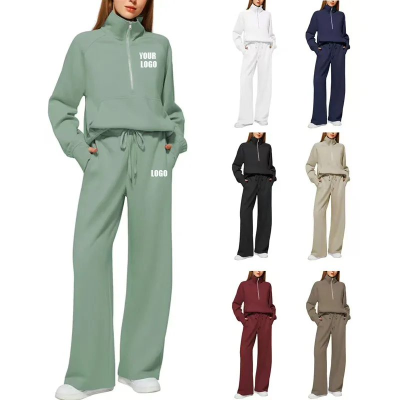 Pers LOGO custom women's 2026  new European and American casual stand-up collar zipper sports and leisure sweater two-piece set