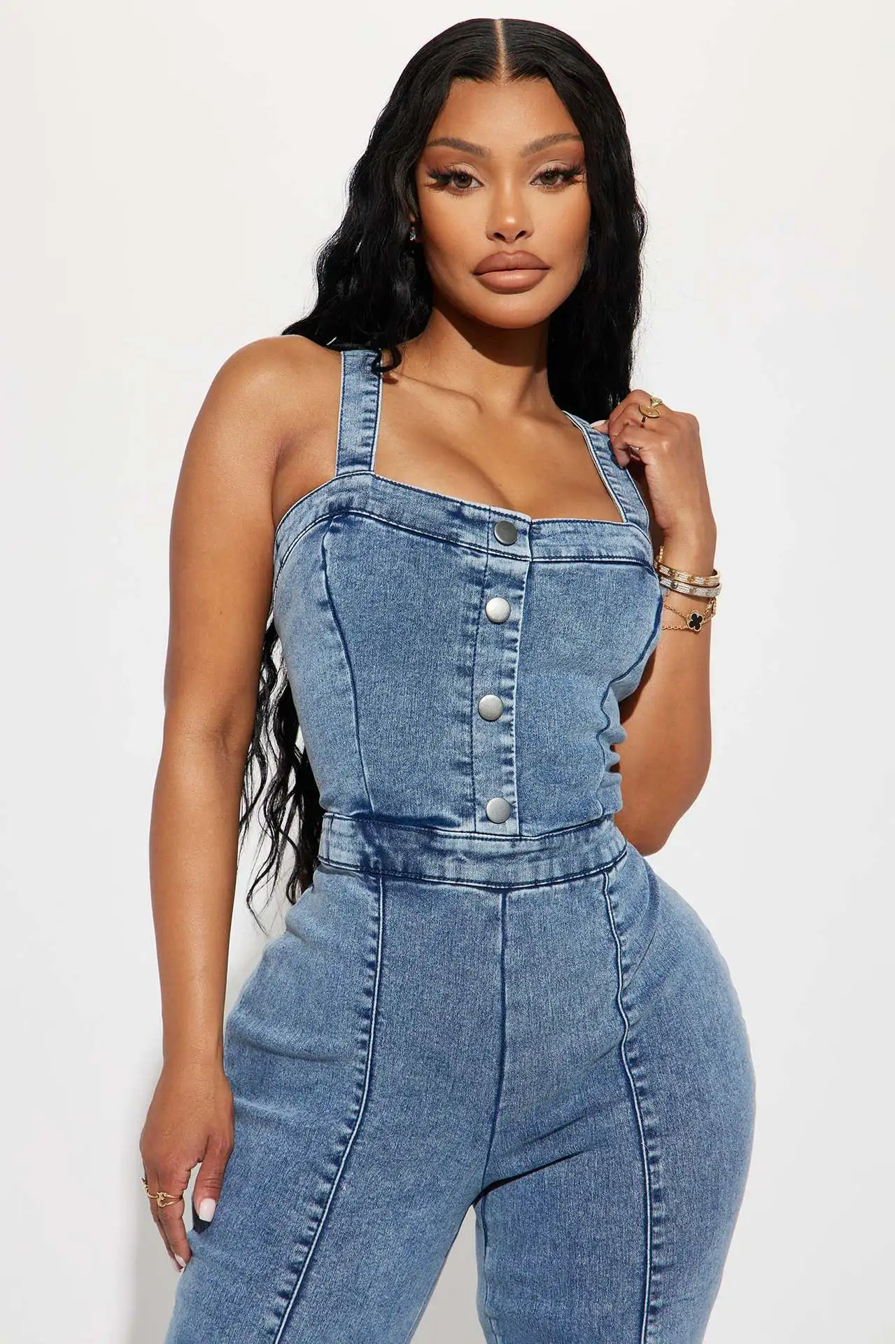 Summer Women\'s Denim Rompers Sleeveless Halter Square Collar Slim Fashion Solid Color Ladies One-Piece Flared Pants