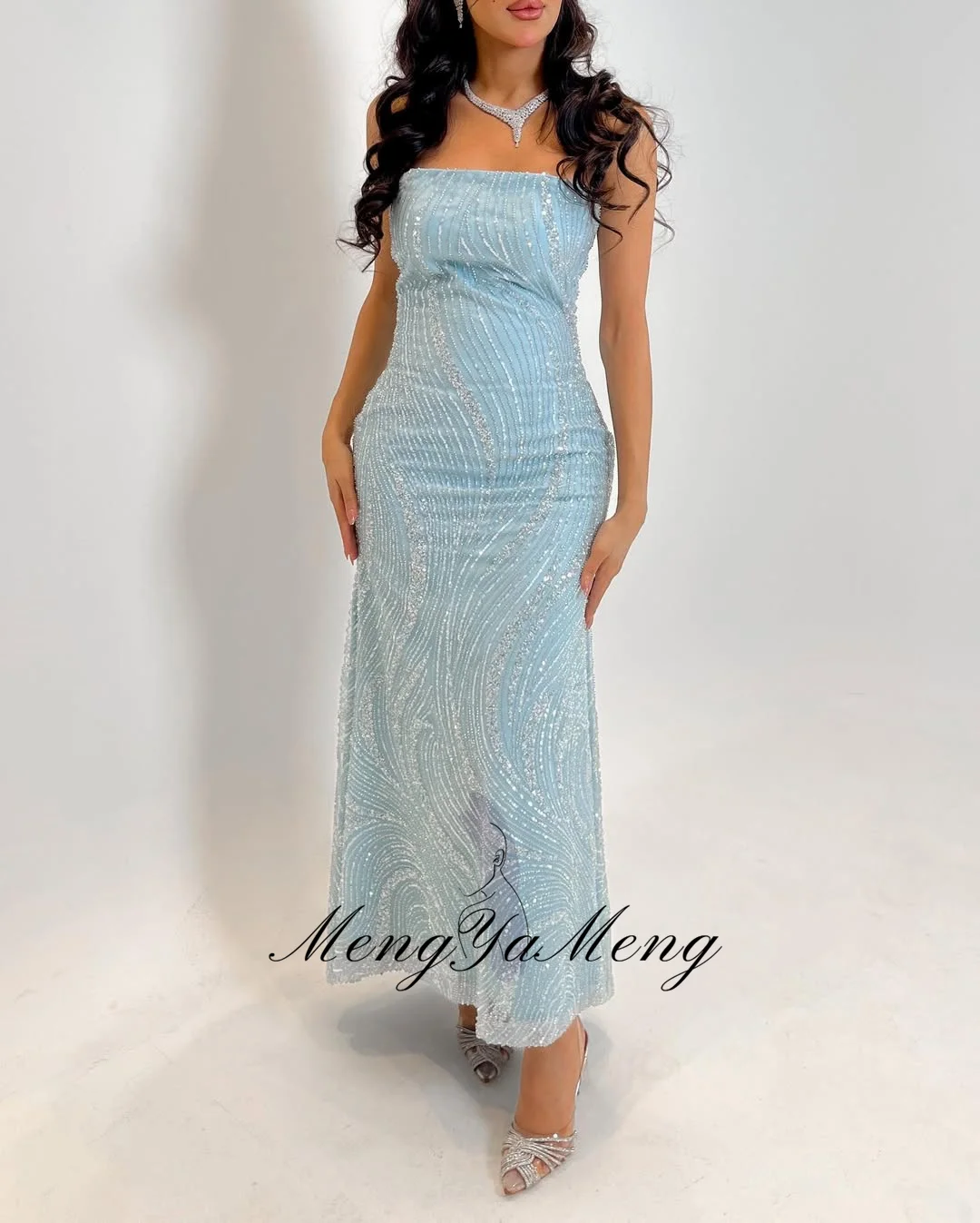 Zhuishu azul luxo vestido de noite sem alças miçangas vestido reto com trem personalizado tornozelo comprimento ocasião especial vestido de festa