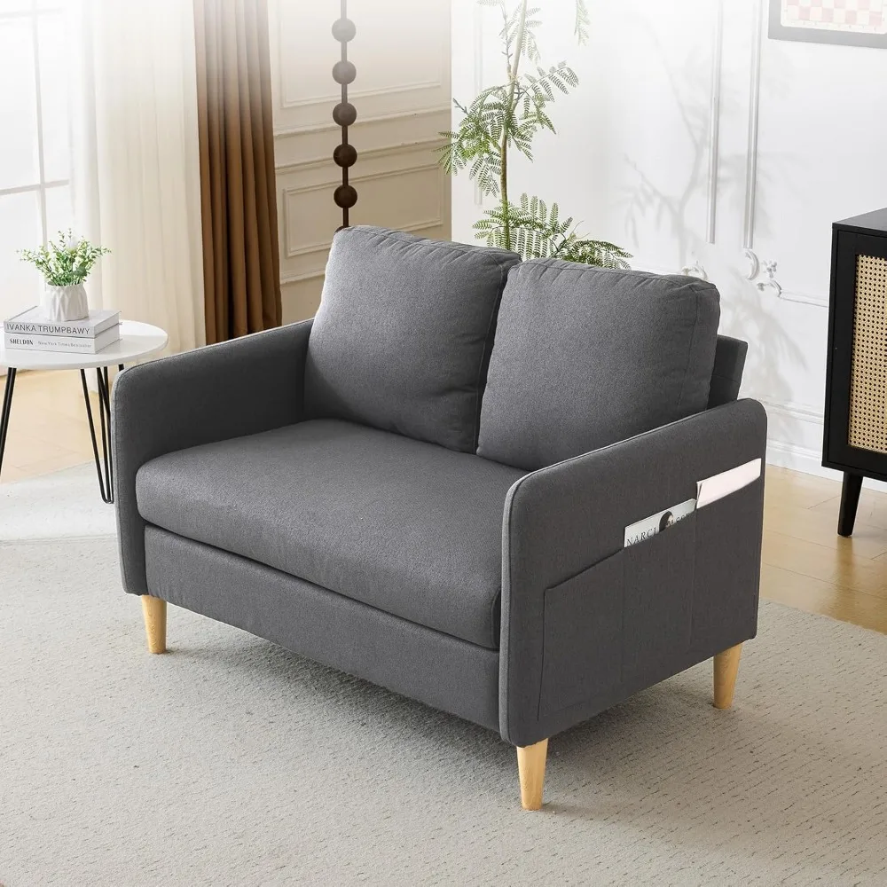 

47" Small Couch - Dark Grey Linen Loveseat Sofa for Small Spaces | Mid Century Modern Decor